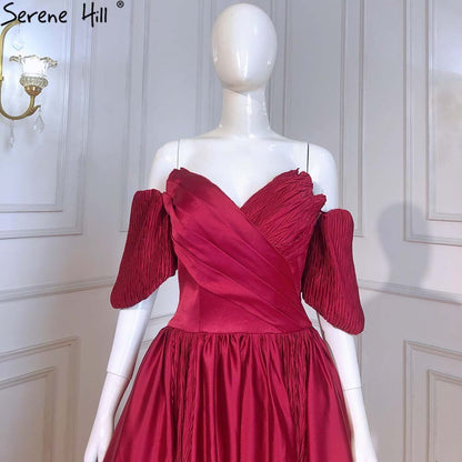 Serene Hill Wine Red Satin Evening Dresses Gowns 2025 A-Line Simple Short Sleeve Sexy For Women Party LA71347 - SERENE HILL