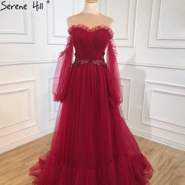 Serene Hill Wine Red Simple Sexy Evening Dresses Gowns 2025 Long Puff Sleeves Lace Up For Women Party Dress HA2443