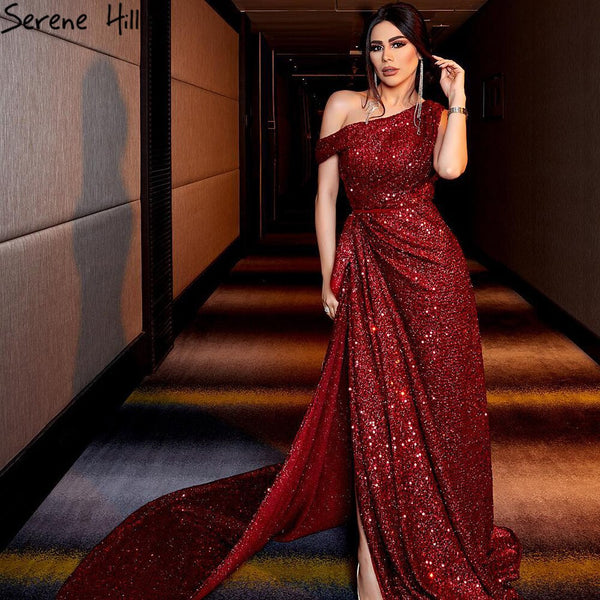 Serene Hill Wine Red Split A-Line Luxury Evening Dresses Gowns 2025 One Shoulder Sexy For Women Party LA71005