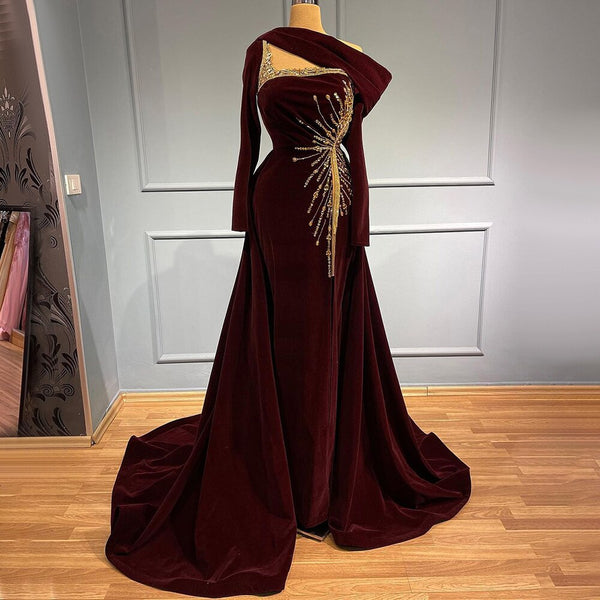 Serene Hill Wine Red Velour Overskirt Evening Dresses Gowns 2025 Mermaid Elegant Luxury For Women Party LA71517