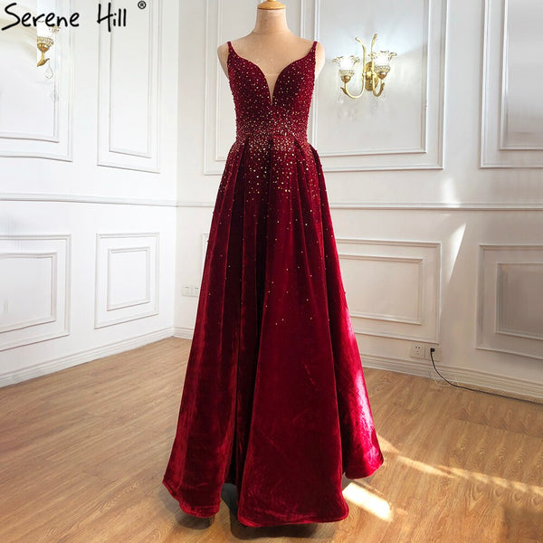 On Sale no return no refundSale Serene Hill Wine Red Velvet Luxury Evening Dresses Gowns 2025 A-Line Beading Sexy For Women Party LA70956