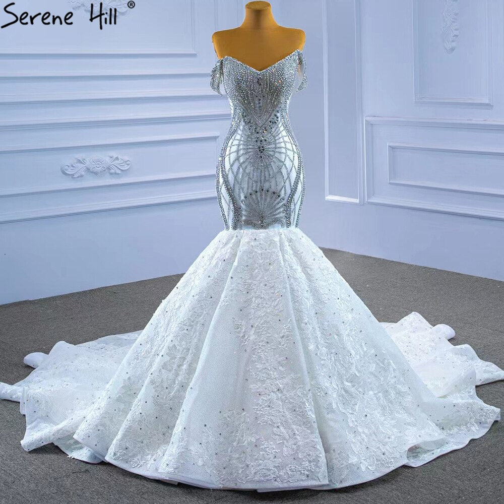 Serene Hill Wit Kralen Diamond Wedding Dresses 2025 Mermaid Elegant Luxe Bruid Toga HM67385 Custom Made - SERENE HILL