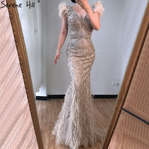 Serene Hill lilac Mermaid V-Neck Evening Dresses 2025 Feathers Beading Luxury Sexy Formal Dress LA70572