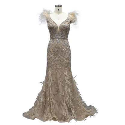 Serene Hill lilac Mermaid V-Neck Evening Dresses 2025 Feathers Beading Luxury Sexy Formal Dress LA70572 - SERENE HILL
