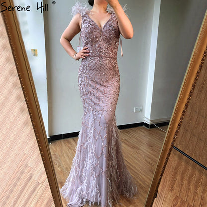 Serene Hill lilac Mermaid V-Neck Evening Dresses 2025 Feathers Beading Luxury Sexy Formal Dress LA70572 - SERENE HILL