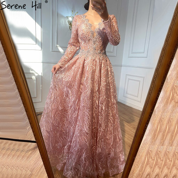 Serene Hill Ｍuslim Luxury Pink Evening Dresses Gowns 2025 Beading Lace A-Line For Woman Wedding Party LA71029