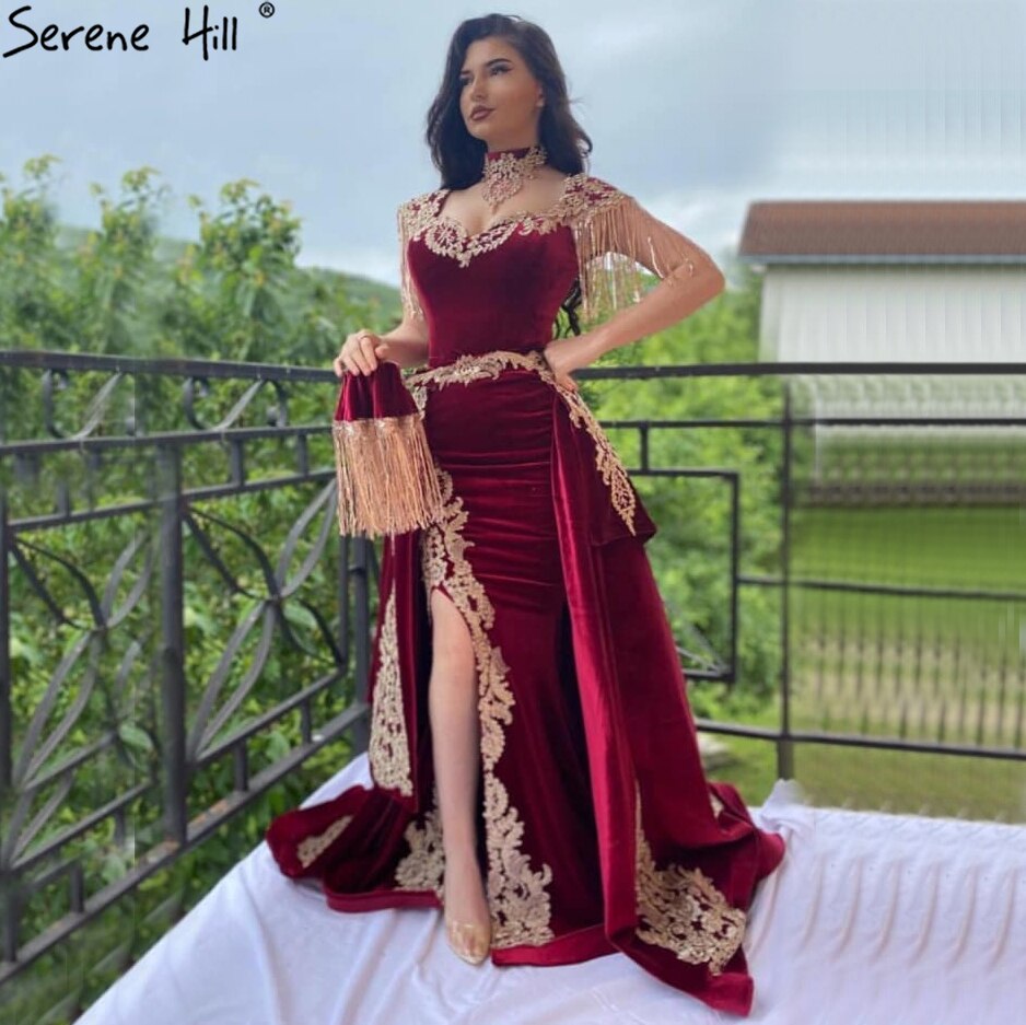 Serene Hill velvet Wine Red With Detachable Train Evening Gowns Split Luxury Tassel Sexy For Women Party 2025 LA70789 - SERENE HILL