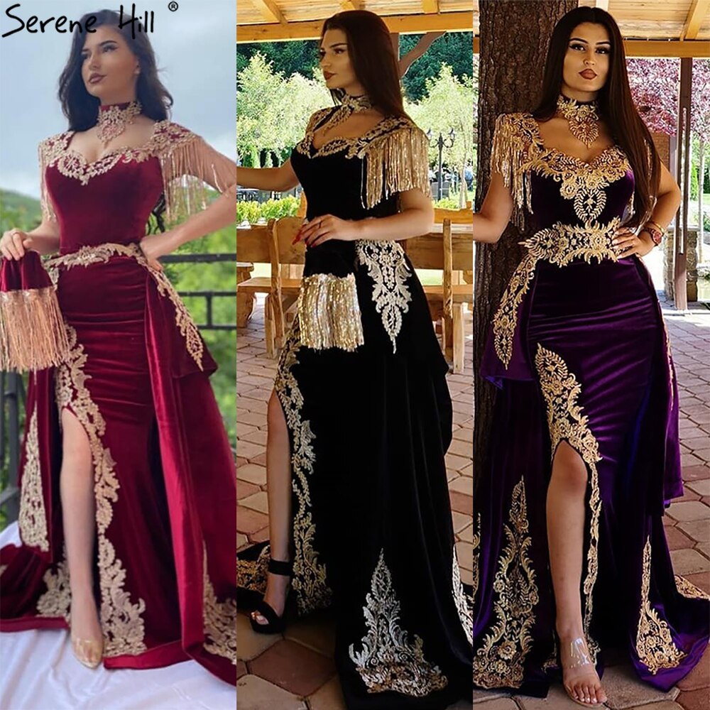 Serene Hill velvet Wine Red With Detachable Train Evening Gowns Split Luxury Tassel Sexy For Women Party 2025 LA70789 - SERENE HILL