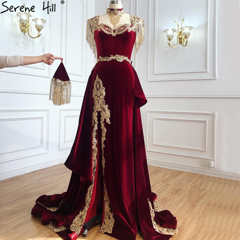 Serene Hill velvet Wine Red With Detachable Train Evening Gowns Split Luxury Tassel Sexy For Women Party 2025 LA70789 - SERENE HILL