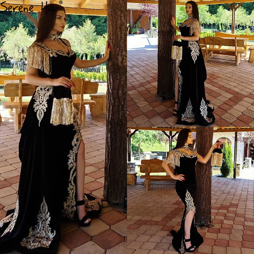 Serene Hill velvet Wine Red With Detachable Train Evening Gowns Split Luxury Tassel Sexy For Women Party 2025 LA70789 - SERENE HILL