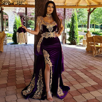 Serene Hill velvet Wine Red With Detachable Train Evening Gowns Split Luxury Tassel Sexy For Women Party 2025 LA70789 - SERENE HILL
