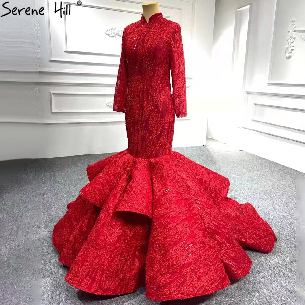 Serenr Hill Muslim Red Mermaid Vintage Wedding Dresses 2025 Elegant Lace Up Bridal Gowns HM66614M Custom Made - SERENE HILL