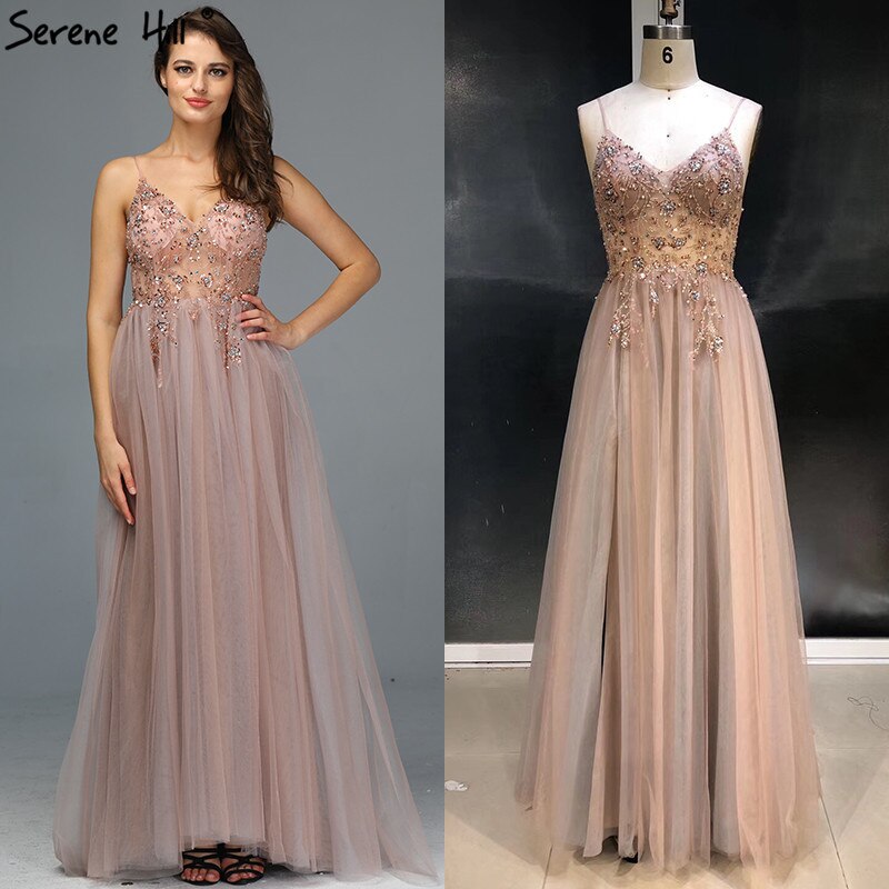 Sexy Spaghetti Straps Evening Dresses 2025 V-Neck Rhinestones Beading Formal Prom Gowns with Split robe de soiree LA60963 - SERENE HILL
