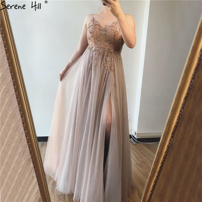 Sexy Spaghetti Straps Evening Dresses 2025 V-Neck Rhinestones Beading Formal Prom Gowns with Split robe de soiree LA60963 - SERENE HILL