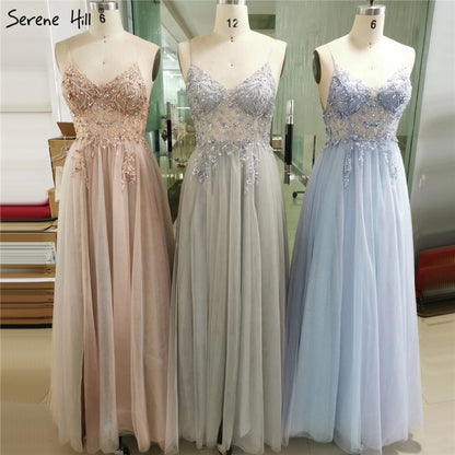 Sexy Spaghetti Straps Evening Dresses 2025 V-Neck Rhinestones Beading Formal Prom Gowns with Split robe de soiree LA60963 - SERENE HILL