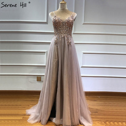 Sexy Spaghetti Straps Evening Dresses 2025 V-Neck Rhinestones Beading Formal Prom Gowns with Split robe de soiree LA60963 - SERENE HILL