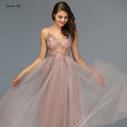 Sexy Spaghetti Straps Evening Dresses 2025 V-Neck Rhinestones Beading Formal Prom Gowns with Split robe de soiree LA60963 - SERENE HILL