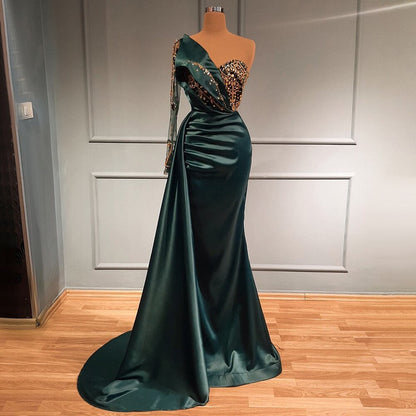Serene Hill Green One Shoulder Satin Evening Dresses Gowns 2025 Beaded Mermaid Elegant Luxury For Women Party LA71541 - SERENE HILL
