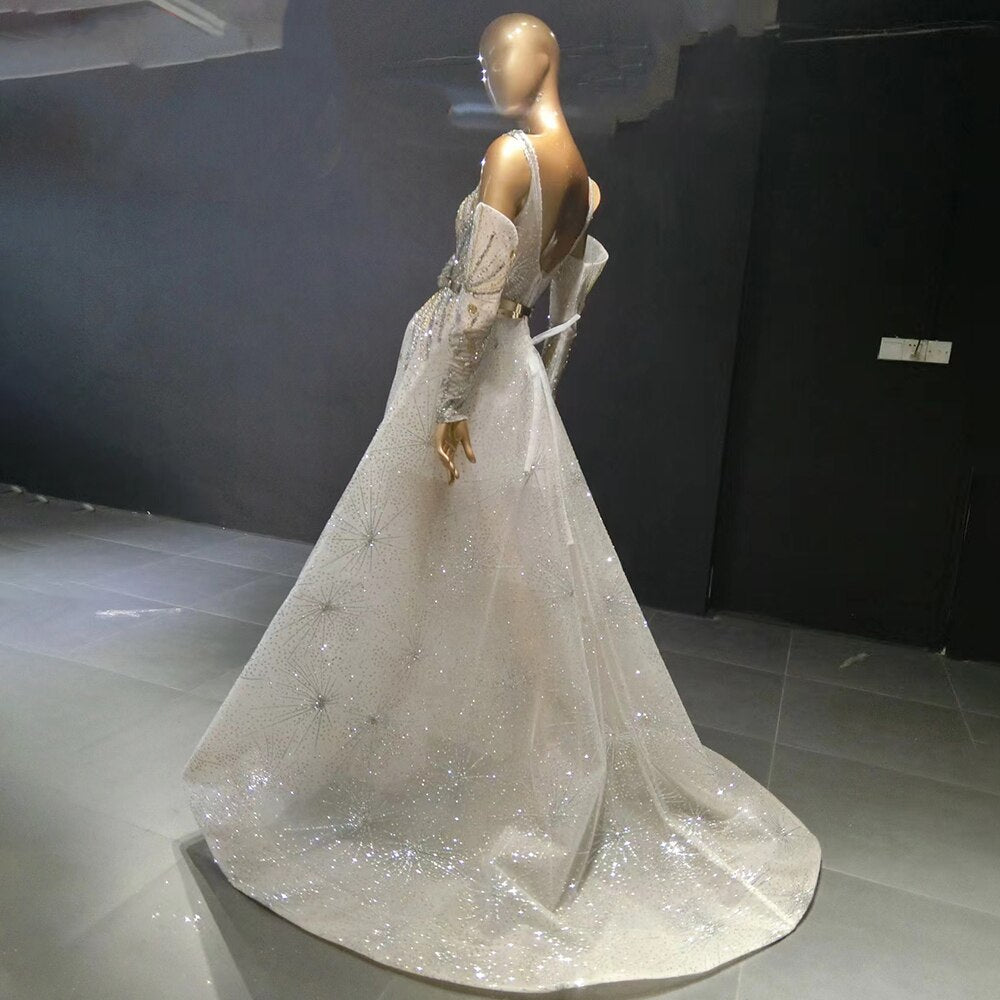 Serene Hill Silver Detachable Sleeves Evening Dresses Gowns 2025 Beaded Luxury A-Line For Women Party LA71534 - SERENE HILL