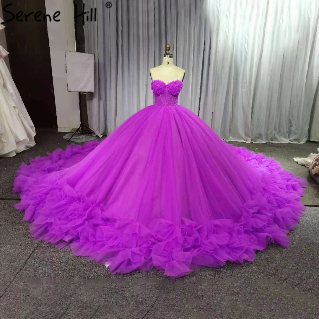 Serene Hill Fuchsia Puffy Bloemen Luxe Trouwjurk 2025 Sleeveess Sexy Tulle Bridal Jurk HA2486 - SERENE HILL