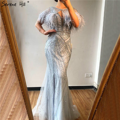 On Sale no return no refundSale Silver Feathers Shawl Yarn Sexy Evening Dresses 2025 Dubai Mermaid V-Neck Beading Diamond Formal Dress Serene Hill LA70355 - SERENE HILL
