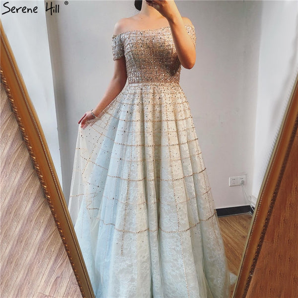 Silver Off Shoulder Short Sleeve  Evening Dresses 2025 Dubai A-Line Beading Diamond Evening Gowns Serene Hill LA70263
