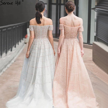 Silver Off Shoulder Short Sleeve Evening Dresses 2025 Dubai A-Line Beading Diamond Evening Gowns Serene Hill LA70263 - SERENE HILL