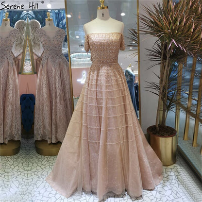 Silver Off Shoulder Short Sleeve Evening Dresses 2025 Dubai A-Line Beading Diamond Evening Gowns Serene Hill LA70263 - SERENE HILL