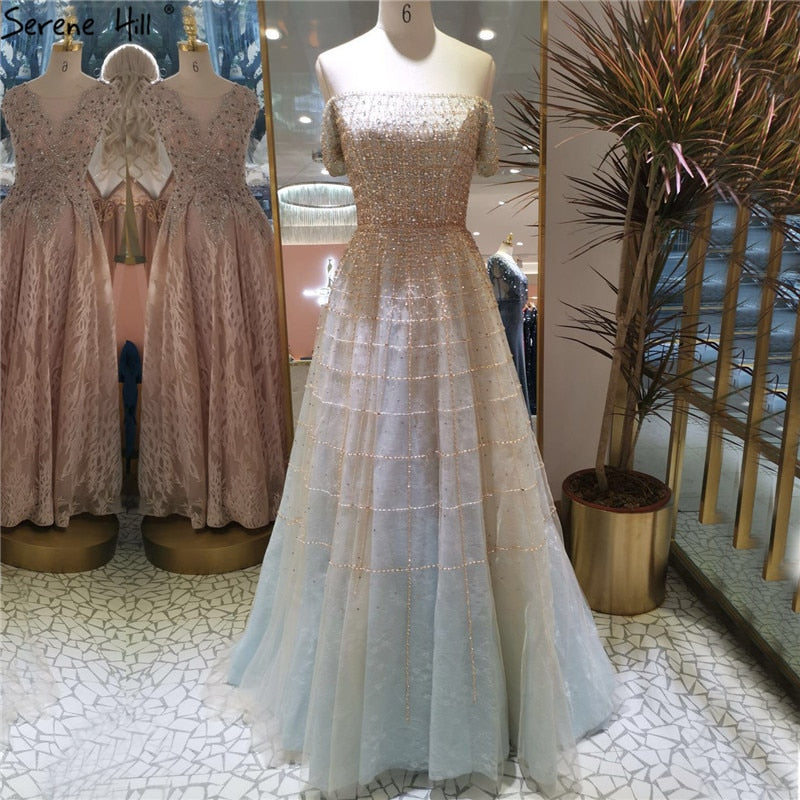 Silver Off Shoulder Short Sleeve Evening Dresses 2025 Dubai A-Line Beading Diamond Evening Gowns Serene Hill LA70263 - SERENE HILL
