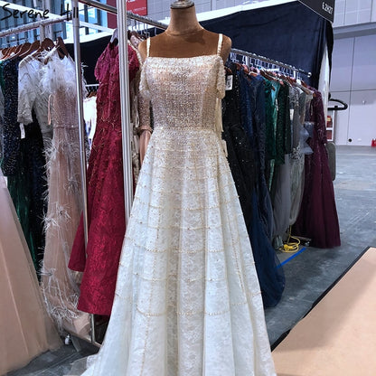 Silver Off Shoulder Short Sleeve Evening Dresses 2025 Dubai A-Line Beading Diamond Evening Gowns Serene Hill LA70263 - SERENE HILL