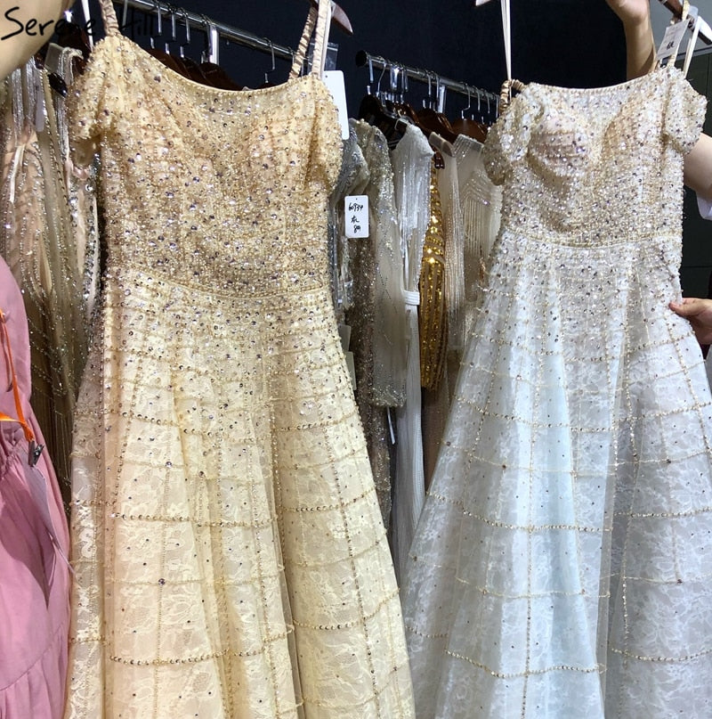 Silver Off Shoulder Short Sleeve Evening Dresses 2025 Dubai A-Line Beading Diamond Evening Gowns Serene Hill LA70263 - SERENE HILL