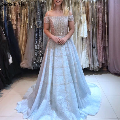 Silver Off Shoulder Short Sleeve Evening Dresses 2025 Dubai A-Line Beading Diamond Evening Gowns Serene Hill LA70263 - SERENE HILL