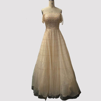 Silver Off Shoulder Short Sleeve Evening Dresses 2025 Dubai A-Line Beading Diamond Evening Gowns Serene Hill LA70263 - SERENE HILL
