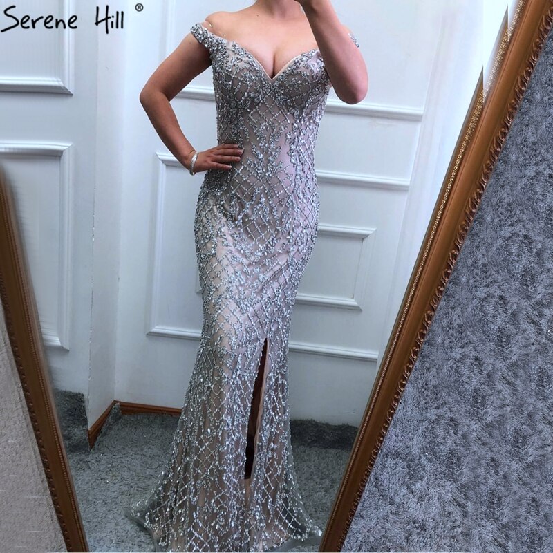 Silver Off Shoulder Split Luxury Mermaid Evening Dresses 2021 Diamond Beading Fashion Evening Gowns Serene Hill LA6653 - SERENE HILL