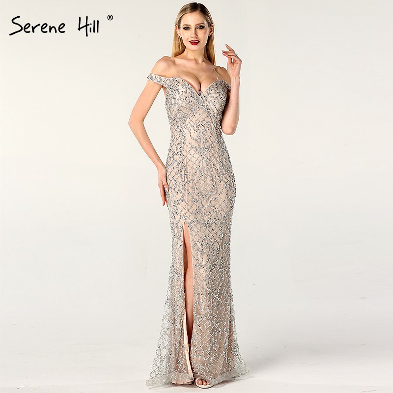 Silver Off Shoulder Split Luxury Mermaid Evening Dresses 2021 Diamond Beading Fashion Evening Gowns Serene Hill LA6653 - SERENE HILL