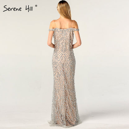 Silver Off Shoulder Split Luxury Mermaid Evening Dresses 2021 Diamond Beading Fashion Evening Gowns Serene Hill LA6653 - SERENE HILL