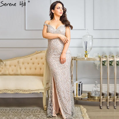 Silver Off Shoulder Split Luxury Mermaid Evening Dresses 2021 Diamond Beading Fashion Evening Gowns Serene Hill LA6653 - SERENE HILL