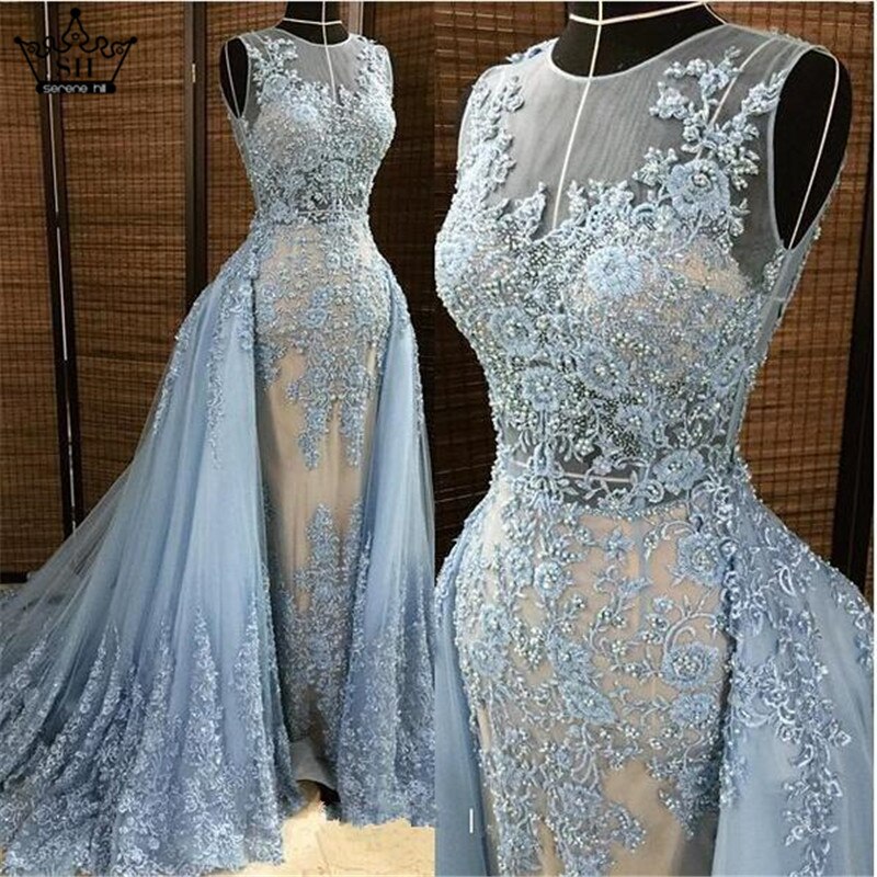 Sirène Robe de Soirée Bleu Appliques Tulls Long-Parole Longueur Sans Manches Formelle Robe de Soirée 2025 Vraie Image Serene Hill - SERENE HILL