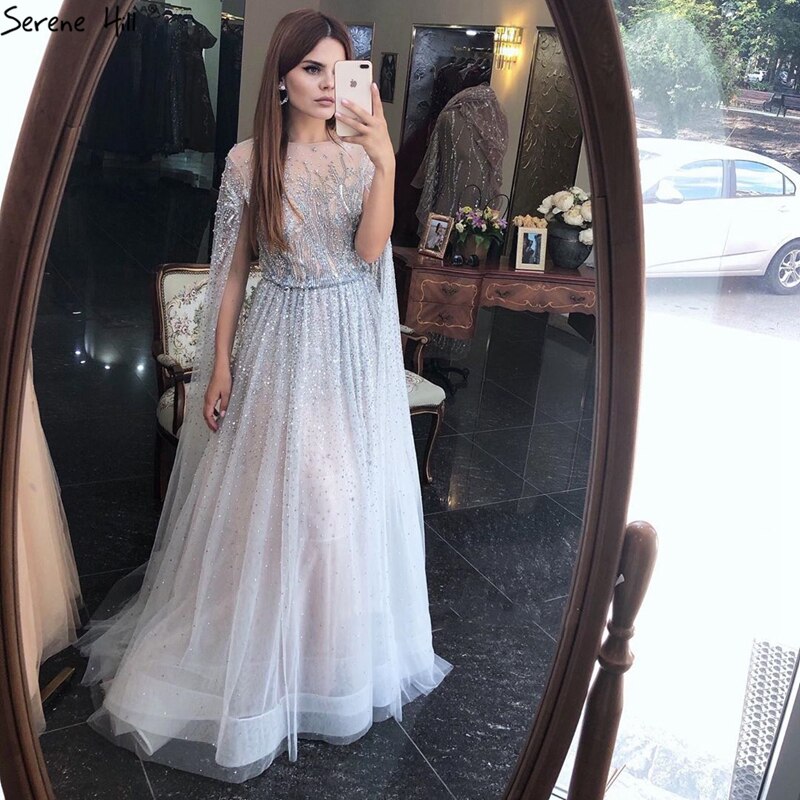 Sliver Arabic Luxury Beading Cape Sleeves A-Line Evening Dresses 2025 O-Neck A-Line Sexy Evening Gowns cerene Hill LA60869 - SERENE HILL