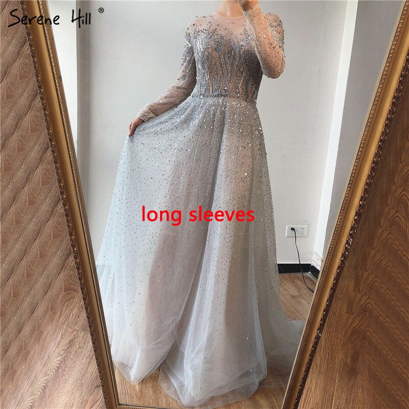 Sliver Arabic Luxury Beading Cape Sleeves A-Line Evening Dresses 2025 O-Neck A-Line Sexy Evening Gowns cerene Hill LA60869 - SERENE HILL