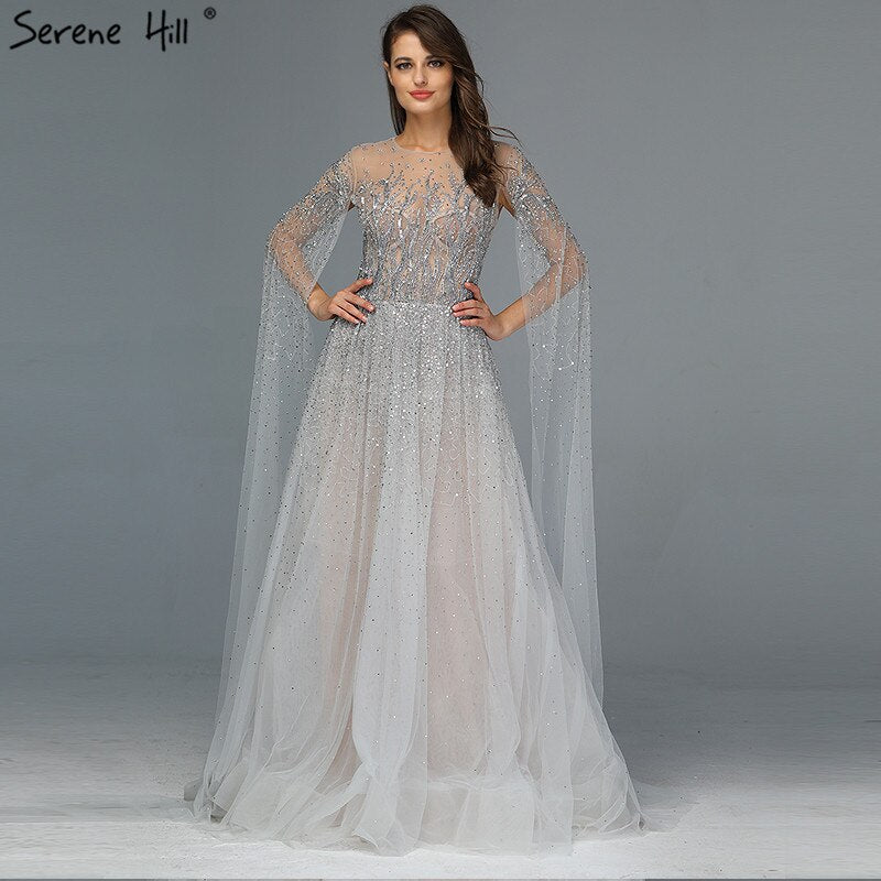 Sliver Arabic Luxury Beading Cape Sleeves A-Line Evening Dresses 2025 O-Neck A-Line Sexy Evening Gowns cerene Hill LA60869 - SERENE HILL