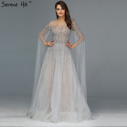Sliver Arabic Luxury Beading Cape Sleeves A-Line Evening Dresses 2025 O-Neck A-Line Sexy Evening Gowns cerene Hill LA60869 - SERENE HILL