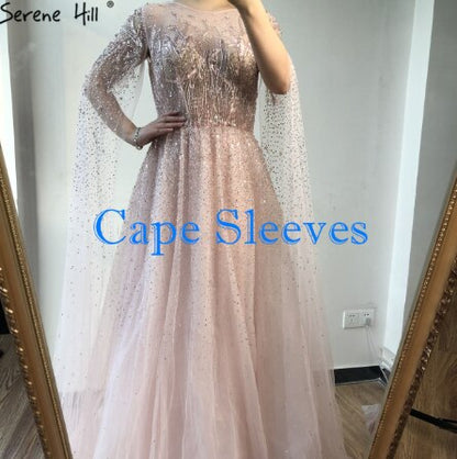 Sliver Arabic Luxury Beading Cape Sleeves A-Line Evening Dresses 2025 O-Neck A-Line Sexy Evening Gowns cerene Hill LA60869 - SERENE HILL