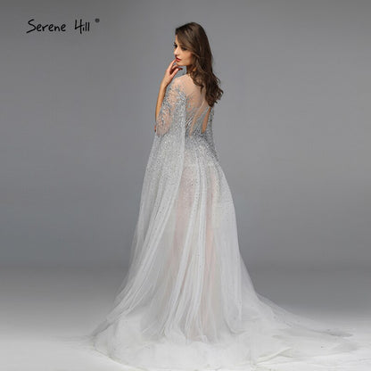 Sliver Arabic Luxury Beading Cape Sleeves A-Line Evening Dresses 2025 O-Neck A-Line Sexy Evening Gowns cerene Hill LA60869 - SERENE HILL