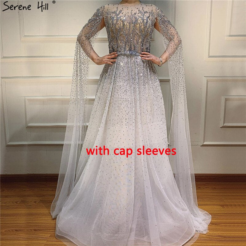 Sliver Arabic Luxury Beading Cape Sleeves A-Line Evening Dresses 2025 O-Neck A-Line Sexy Evening Gowns cerene Hill LA60869 - SERENE HILL