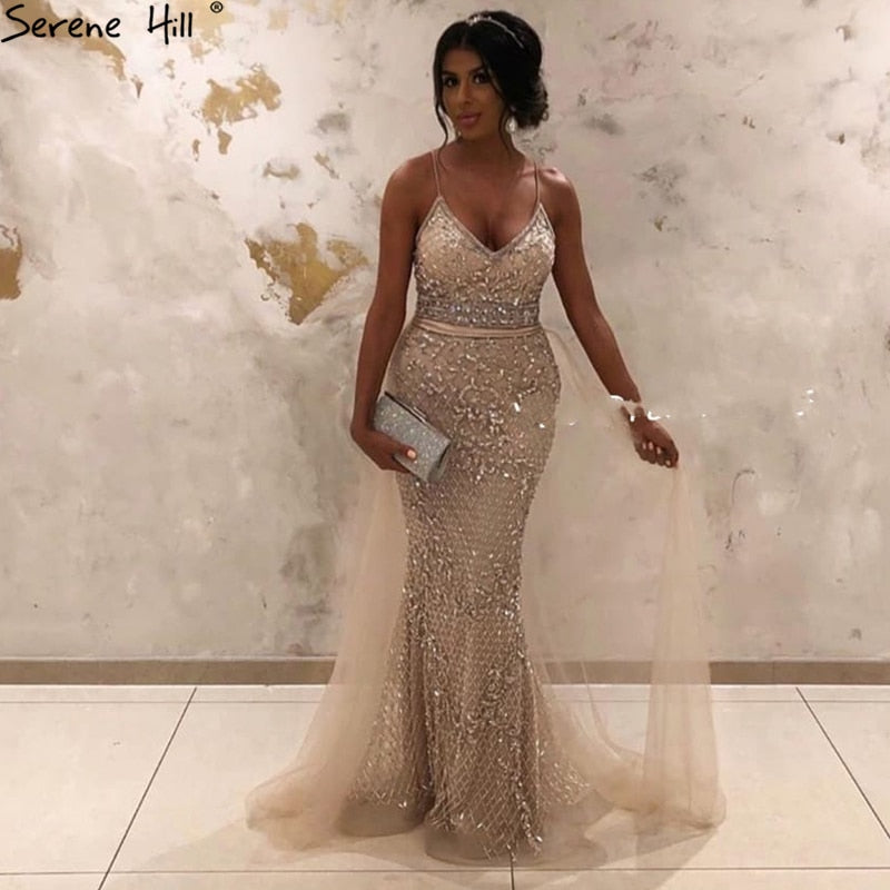 Spaghetti Strap Sexy Nude Silver Mermaid Luxury Beaded Evening Dresses Gowns For Woman 2025Formal Dress Serene Hill LA70370 - SERENE HILL