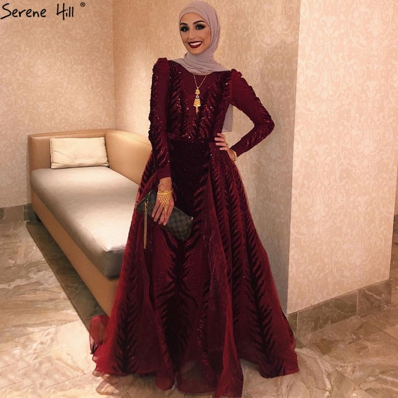 Velvet Wine Red Evening Dresses Long Sleeves Luxury Design Beading Formal Dress 2025 Serene Hill Plus Size LA60903 - SERENE HILL