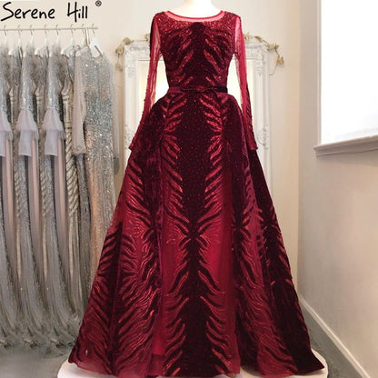 Velvet Wine Red Evening Dresses Long Sleeves Luxury Design Beading Formal Dress 2025 Serene Hill Plus Size LA60903 - SERENE HILL
