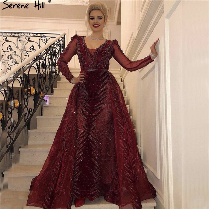 Velvet Wine Red Evening Dresses Long Sleeves Luxury Design Beading Formal Dress 2025 Serene Hill Plus Size LA60903 - SERENE HILL