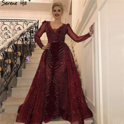 Velvet Wine Red Evening Dresses Long Sleeves Luxury Design Beading Formal Dress 2025 Serene Hill Plus Size LA60903 - SERENE HILL